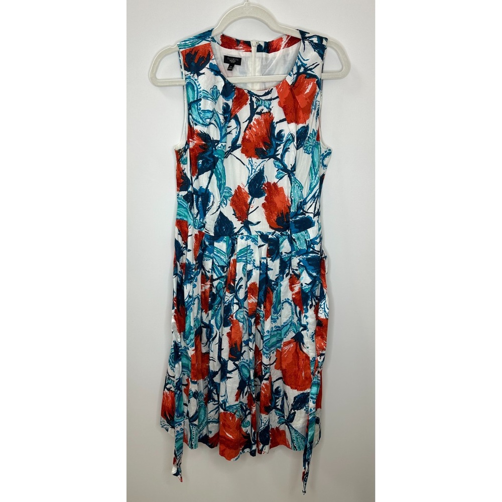 New Talbots Tropical Floral Fit-And-Flare Dress Red Teal White 12P 12 Petite - Picture 2 of 15
